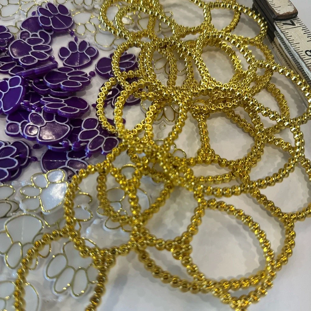 Mum Garter Homecoming Trinkets Purple Metallic Gold White Football Cheer